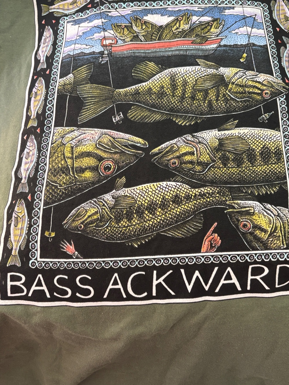 Ray Troll Bass Ackwards T-Shirt Graphic Tee in Green - Picture 6 of 6
